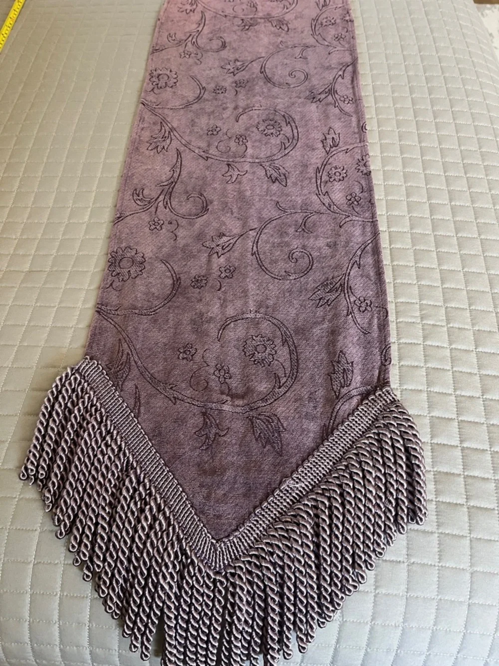 Mauve Floral Velvet Table Runner with Twisted Fringe